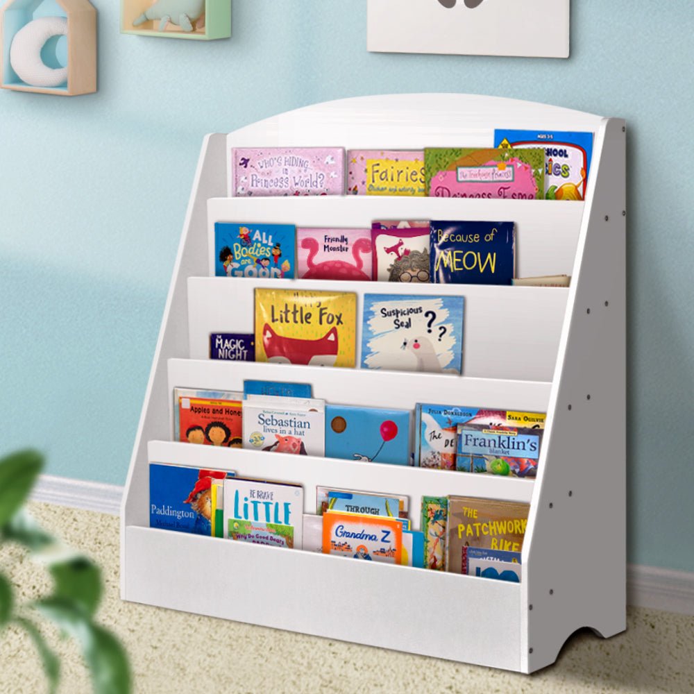 Keezi 5 Tiers Kids Bookshelf Magazine Shelf Organiser Bookcase Display Rack White - Scandi Nooks