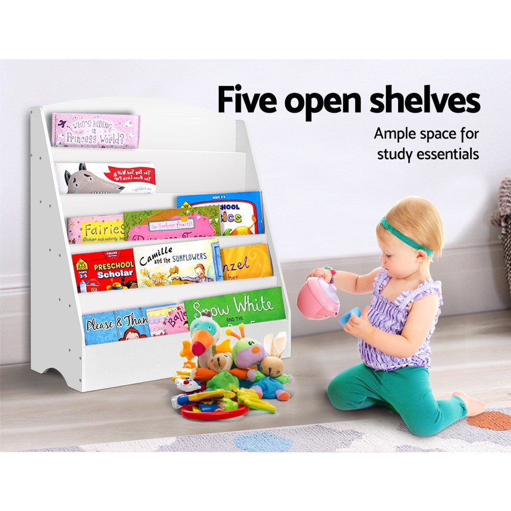 Keezi 5 Tiers Kids Bookshelf Magazine Shelf Organiser Bookcase Display Rack White - Scandi Nooks