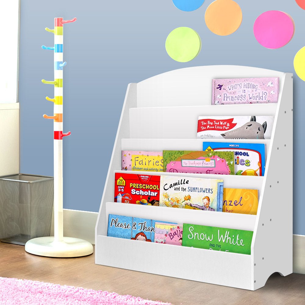 Keezi 5 Tiers Kids Bookshelf Magazine Shelf Organiser Bookcase Display Rack White - Scandi Nooks