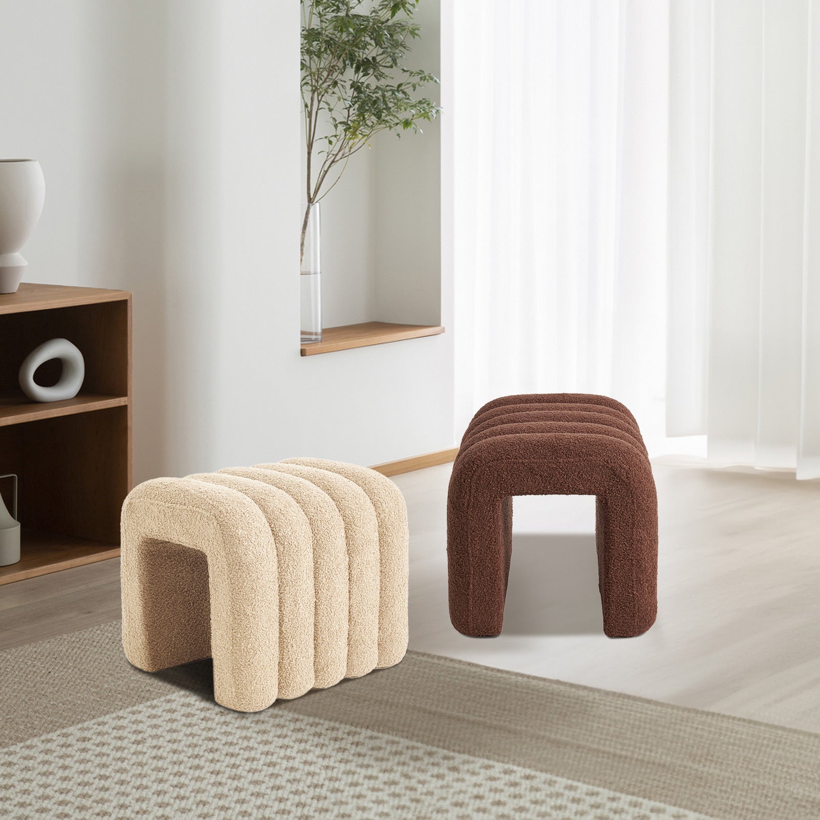 Ridge Arch Ottoman Stool Teddy Fleece Fabric Foot Rest 45cm BEIGE - Scandi Nooks
